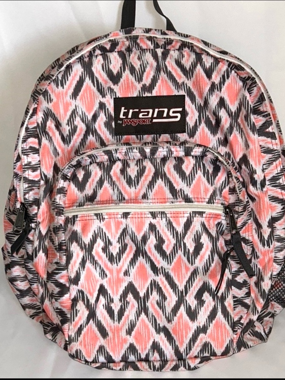 Jansport Backpack Pink and Black Pattern Adjustable Padded Straps Zipper Closure